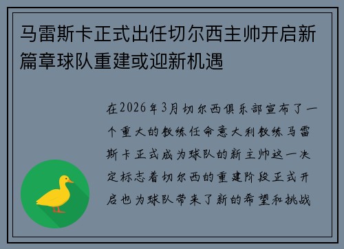马雷斯卡正式出任切尔西主帅开启新篇章球队重建或迎新机遇 马雷斯卡正式出任切尔西主帅开启新篇章球队重建或迎新机遇